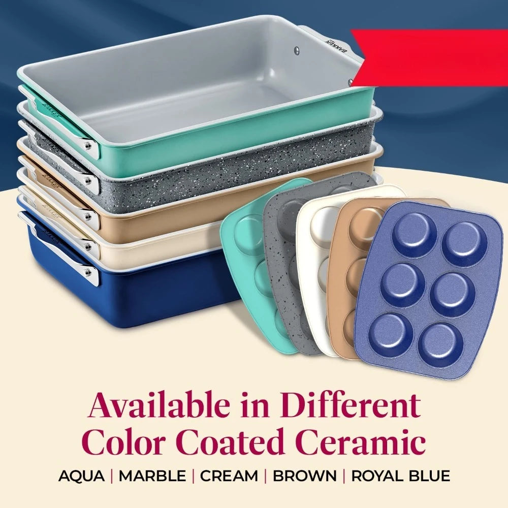 8 Piece Stackable Bakeware Set Ceramic Non Stick Oven Safe Baking Sheets and Pans PTFE PFOA PFOS Free with Ergonomic Handles and Cooling Rack