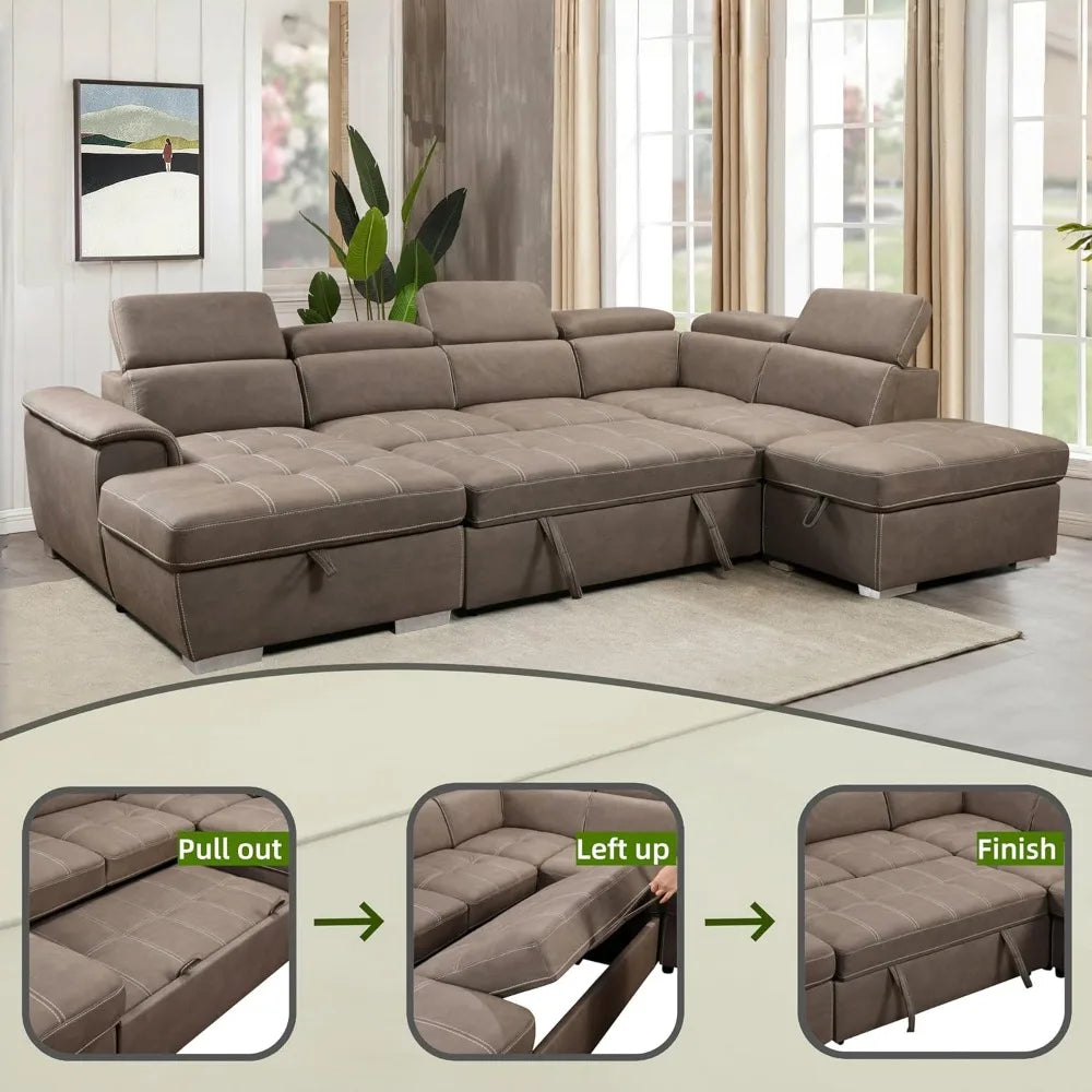 Thsuper 127 Inch Microfiber U Shaped Sectional Sleeper Sofa With Pullout Bed