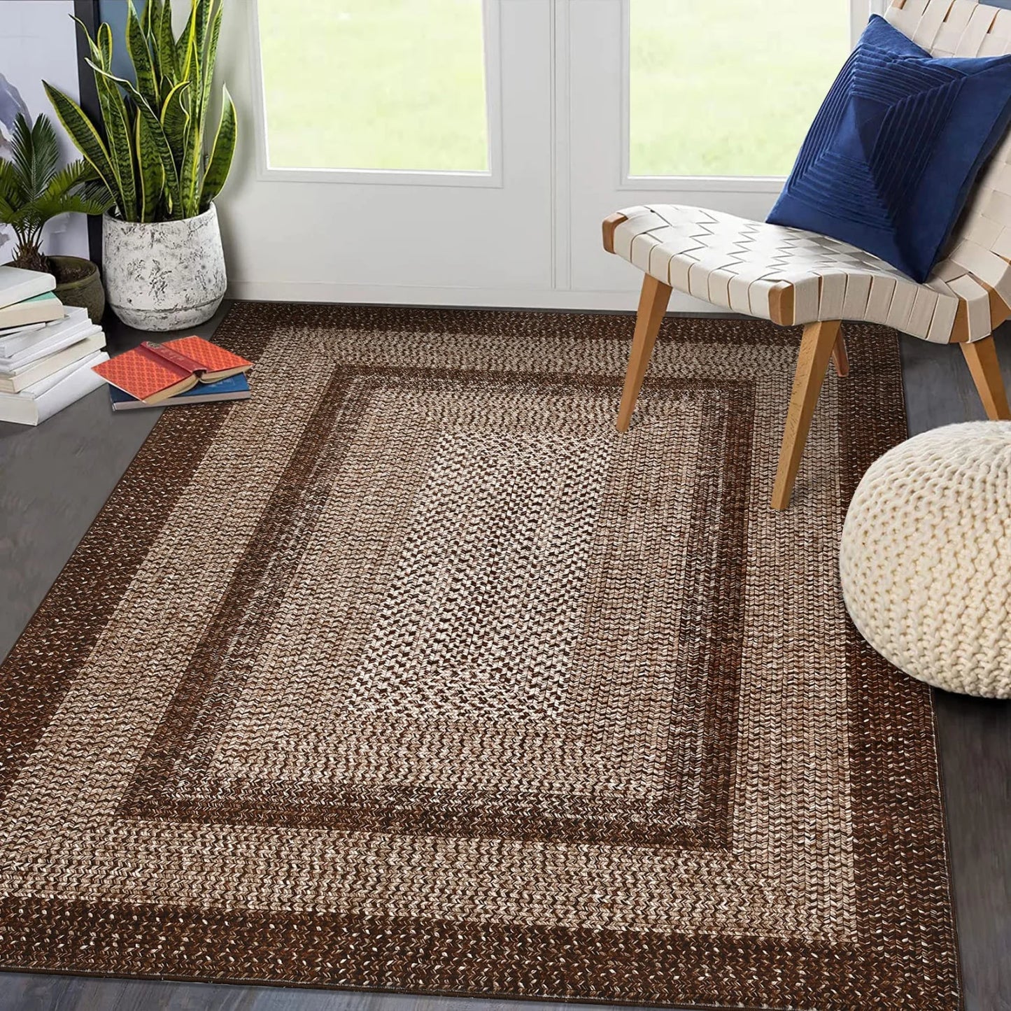 Washable Area Rugs Large Rugs for Living Room Modern Braided Print Non Slip Indoor Floor Covering Accent Carpet for Bedroom
