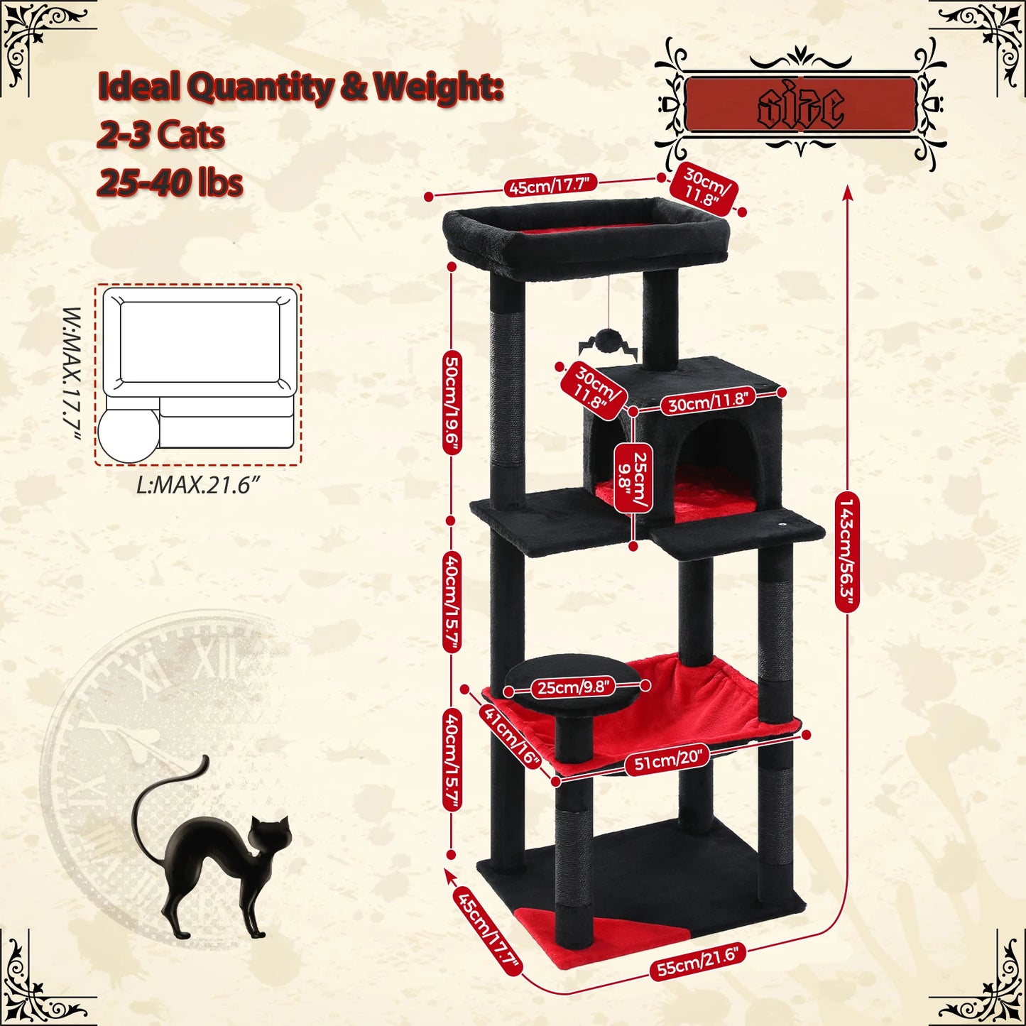 Gothic Cat Tree Tower for Indoor Cats Five Levels with Cozy Condo and Hammock