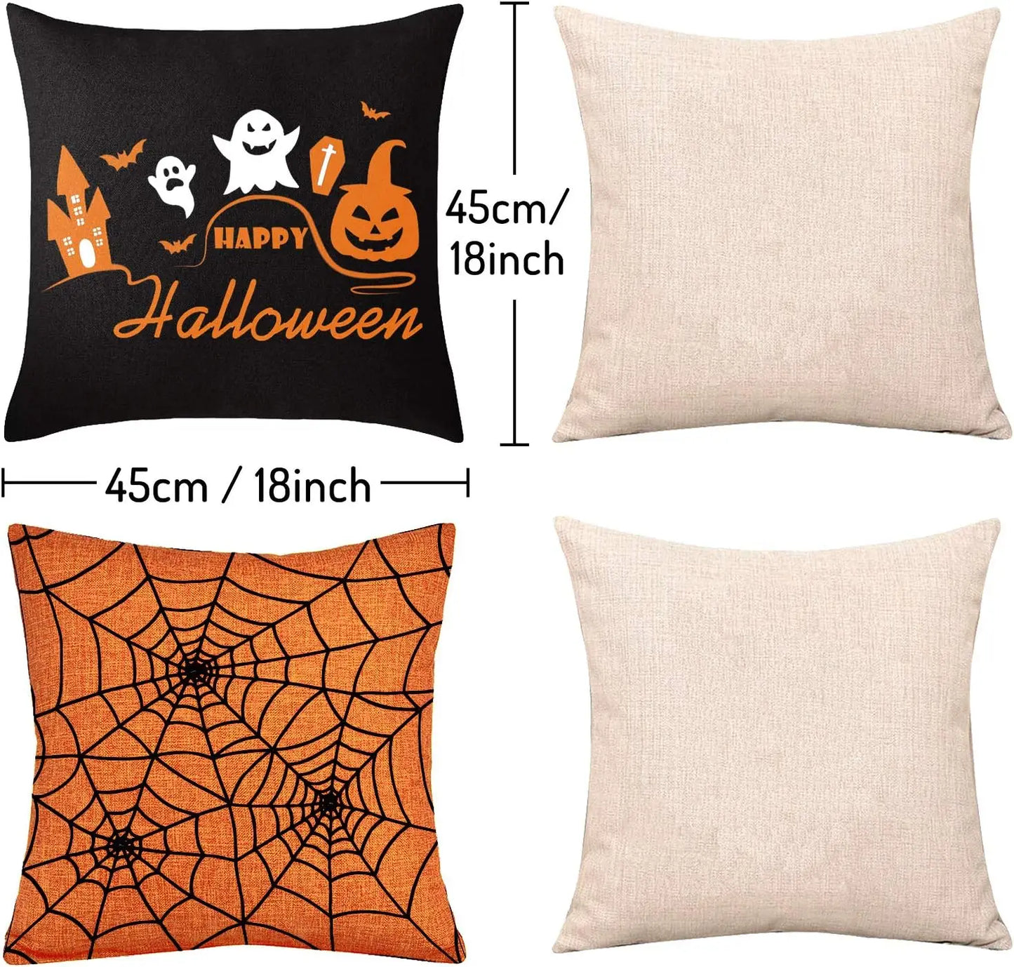 Four Pack Halloween Pillow Covers Orange Black Linen