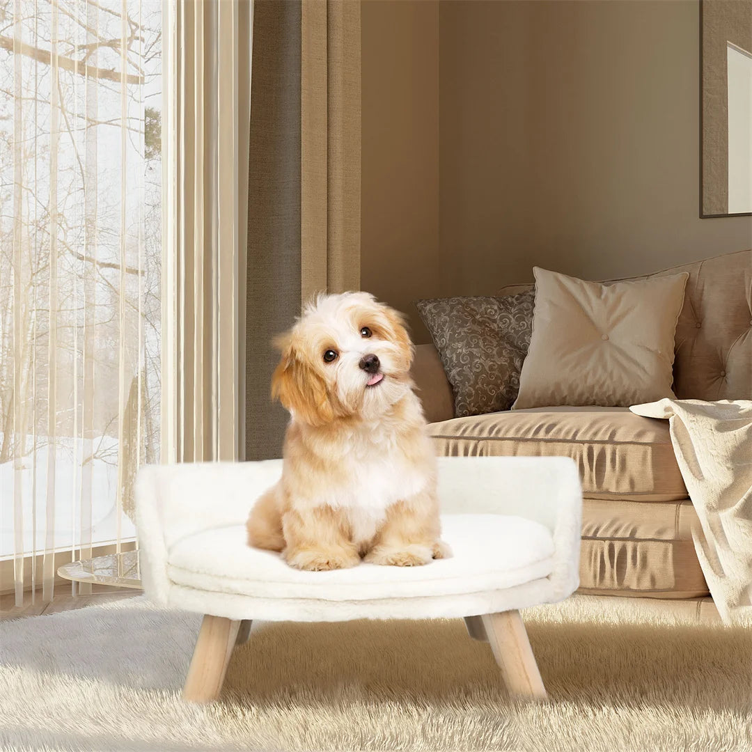 Luxury Cat Bed Soft Warm Plush Fabric Pet Nesting Chair Bed Stool with Washable Waterproof Cushion Pad and Wood Legs for Small Pets