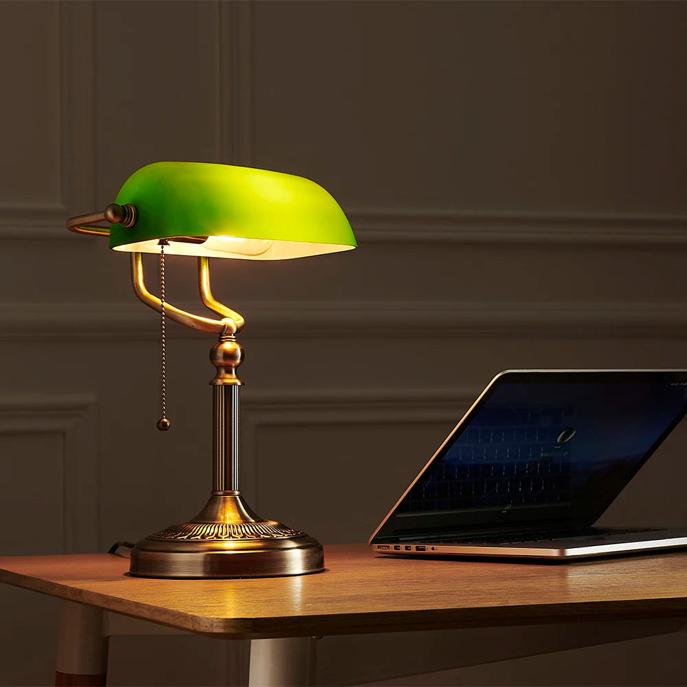 Classical Green and White Glass Bankers Desk Lamp with Zipper Switch for Living Room Bedroom and Bedside Sofa Table