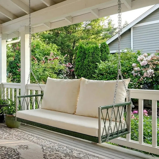 All-Weather Upholstered Porch Swing With Steel Chains For Patio Garden White