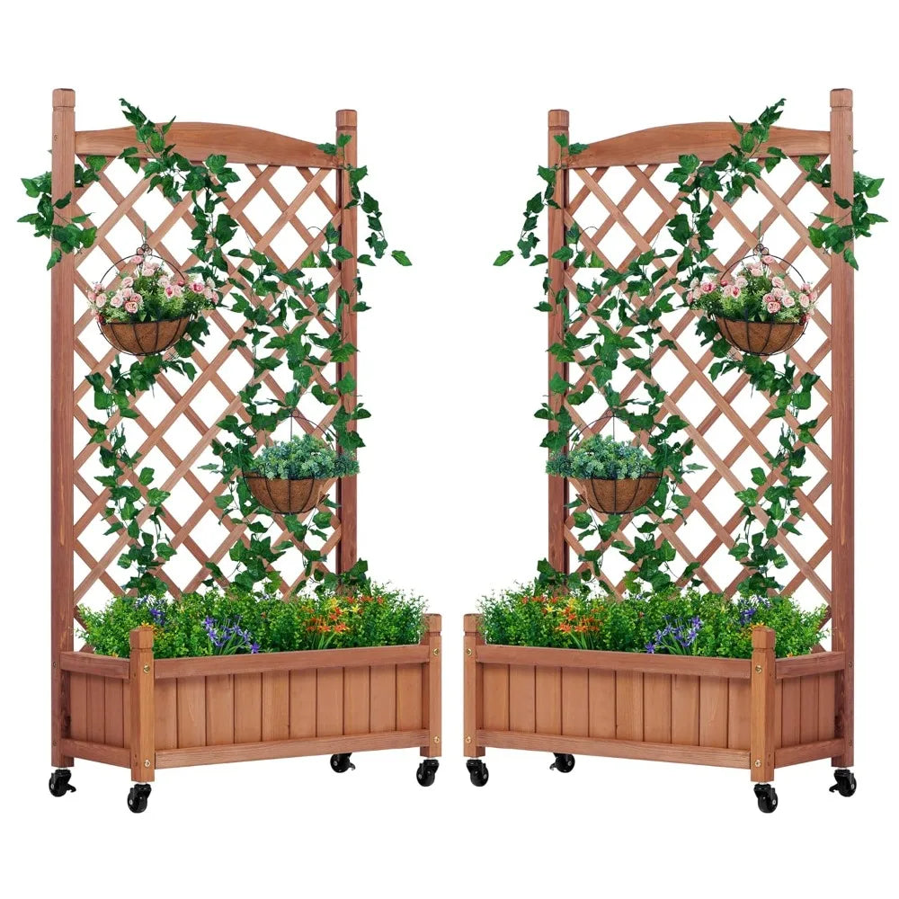 Raised Garden Bed With Trellis Set Of 2 Outdoor Wood Planter Boxes And Stands