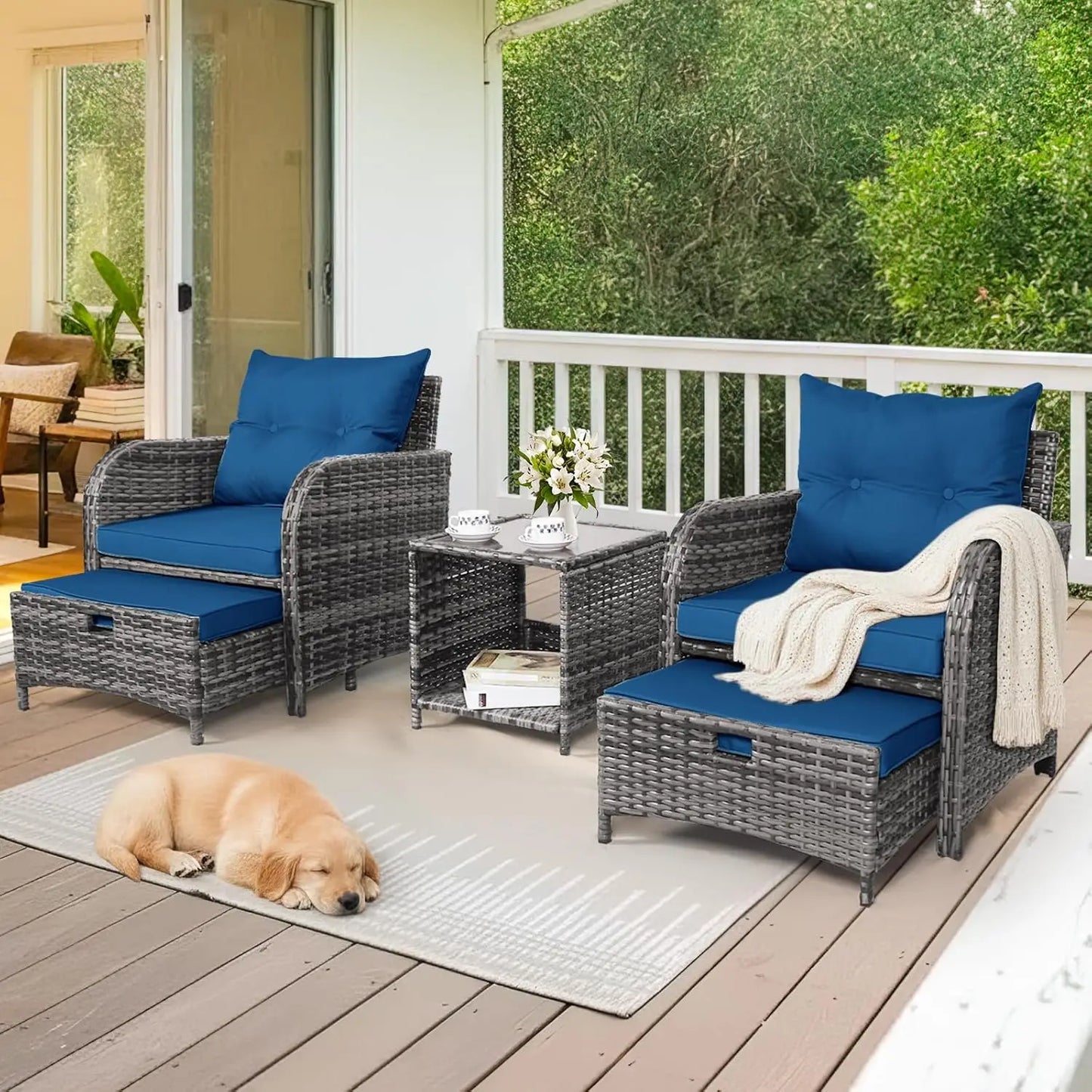 5 Piece Wicker Outdoor Patio Chairs With Ottomans All Weather PE Rattan Set