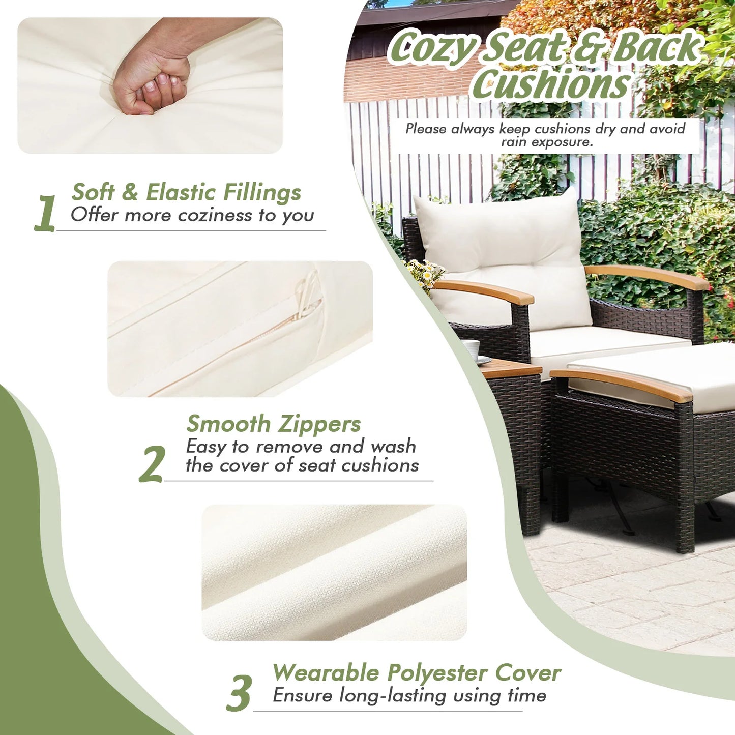 5 Piece Patio Rattan Furniture Set Sofa Ottoman Cushioned Table With Wood Top