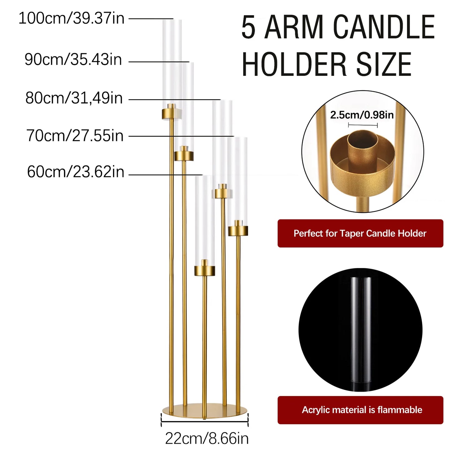 Gold Floor Candelabra 5 Arm Candle Holder Acrylic Shade