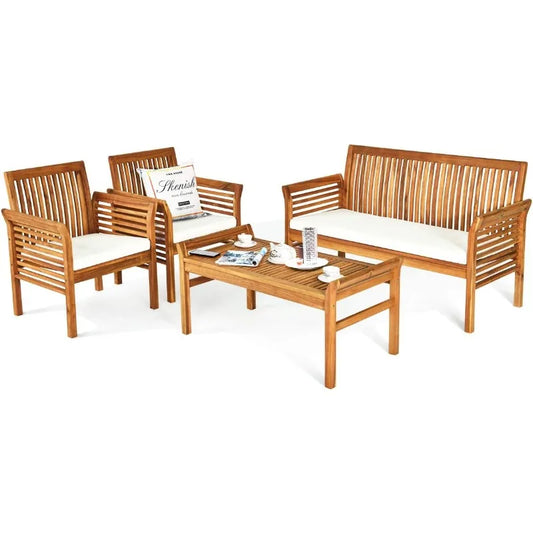4 Piece Outdoor Acacia Wood Sofa Set With Water Resistant Cushions And Table