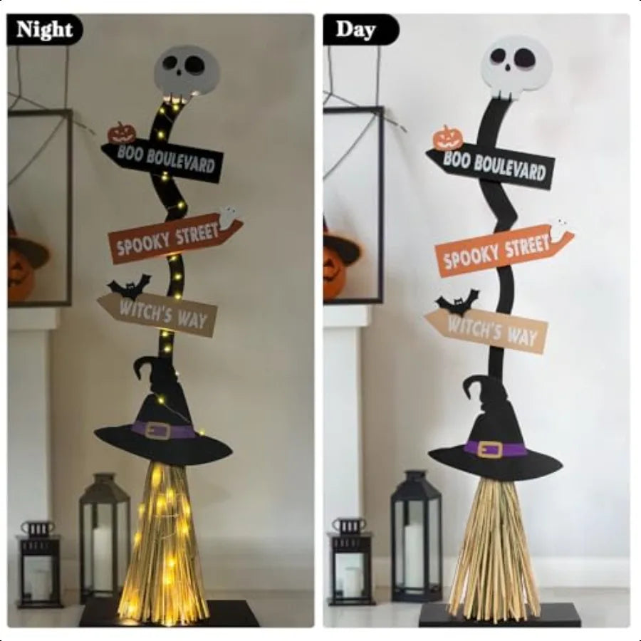 Lighted Halloween Wooden Witch Broom Indoor Outdoor Decor