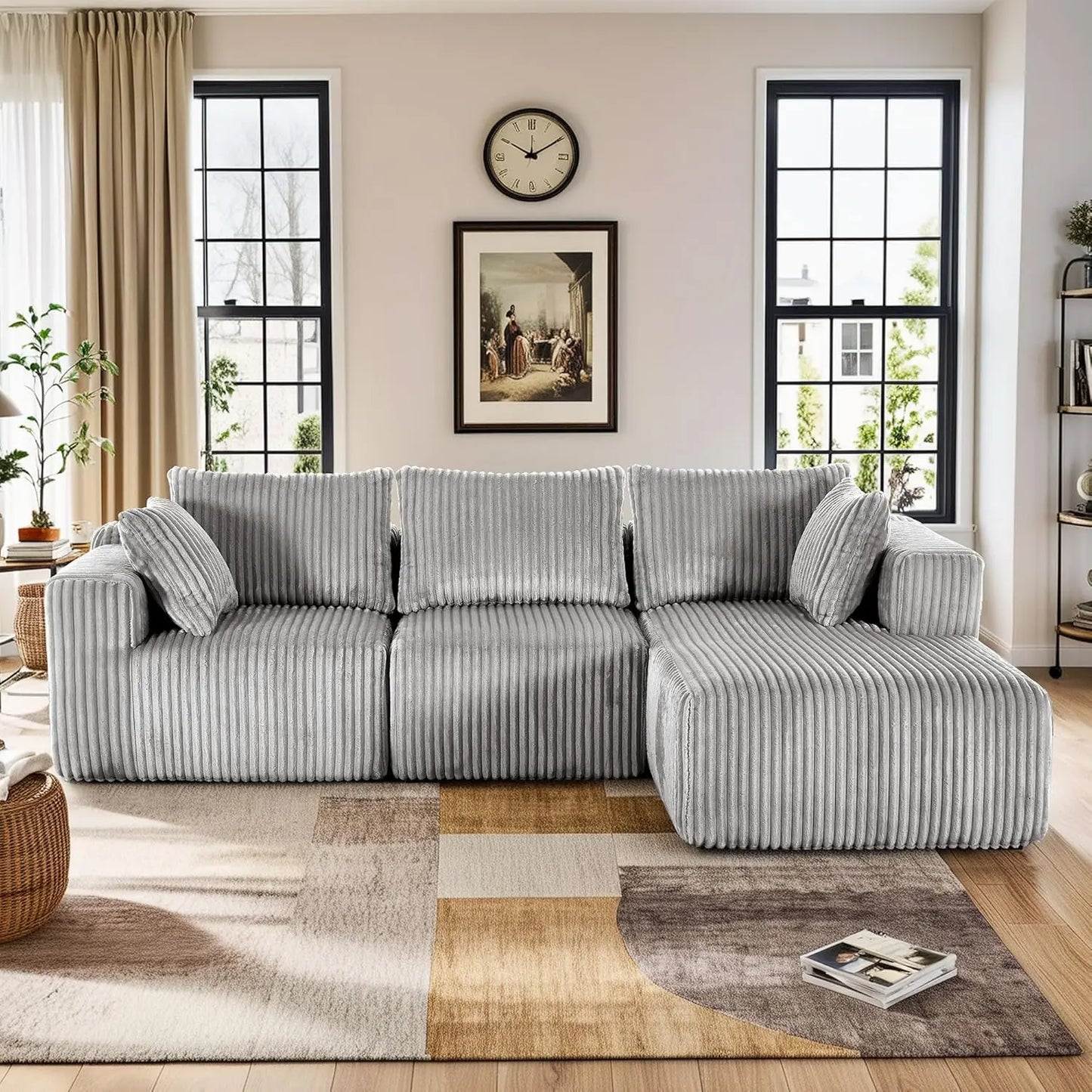 Grey Velvet Modular Sectional Sofa With L Shape Chaise