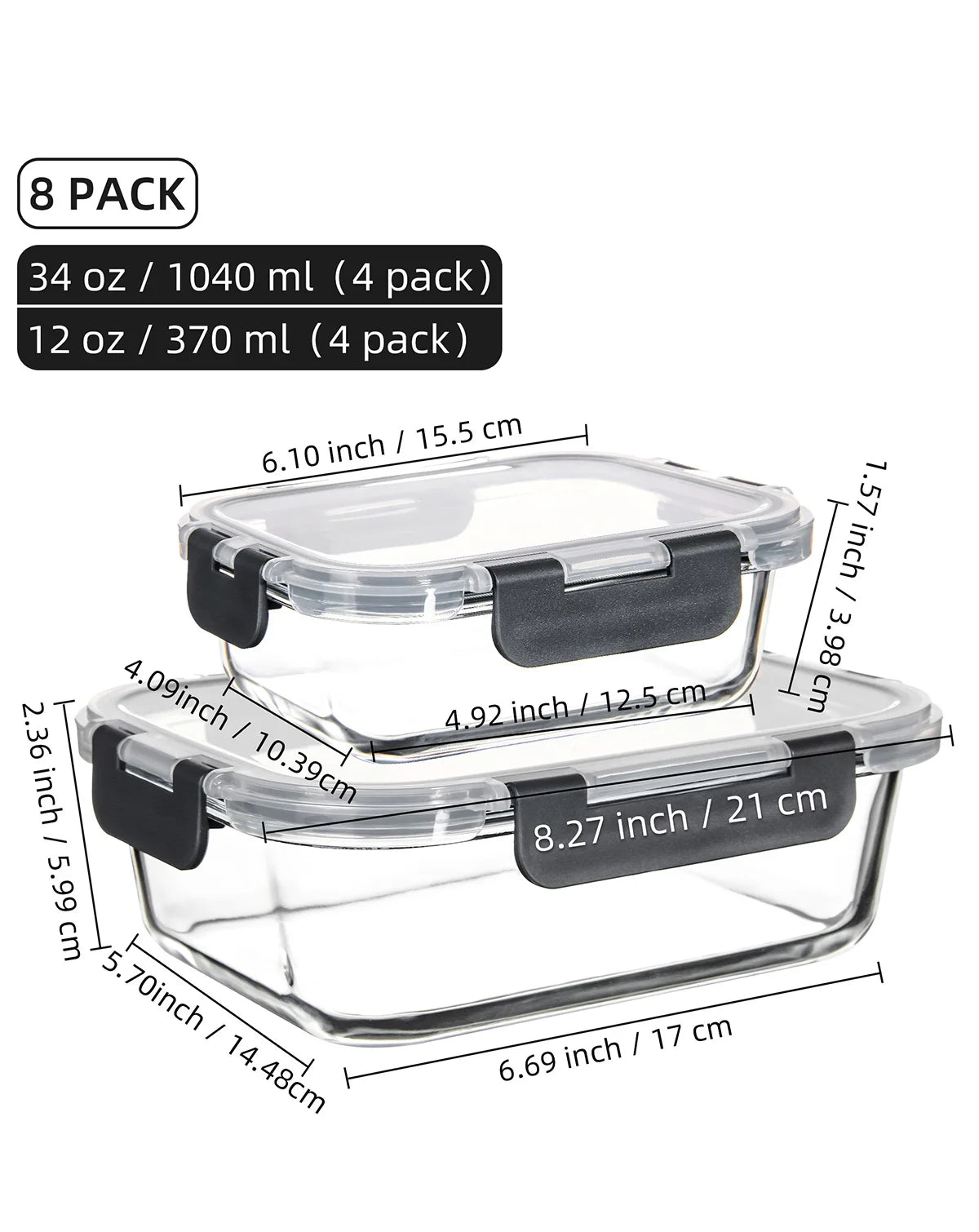 8 Piece Glass Food Storage Containers Set BPA Free Leakproof Microwave and Oven Safe 6 Sizes Borosilicate Glass Lock Lid