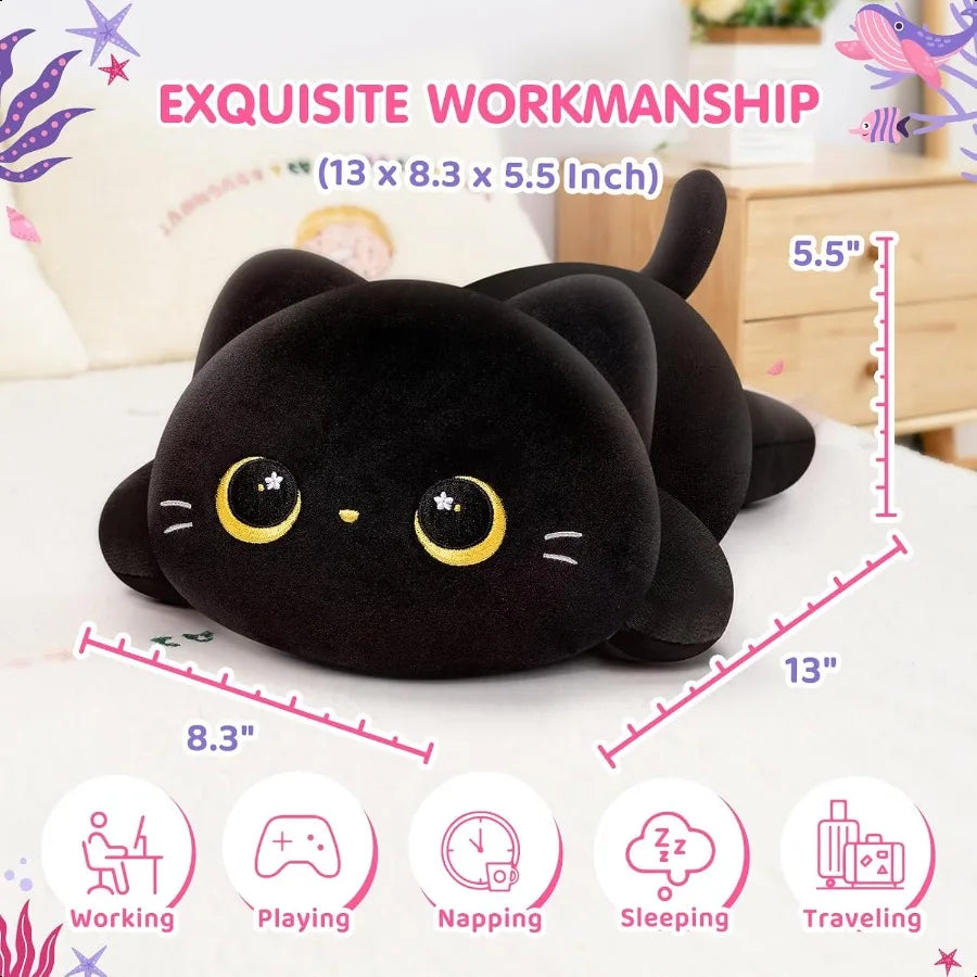 Cute Black Cat Plush Pillow Kawaii Plushies Stuffed Animals Squishy Cuddle Pillow for Girls 13 Inch