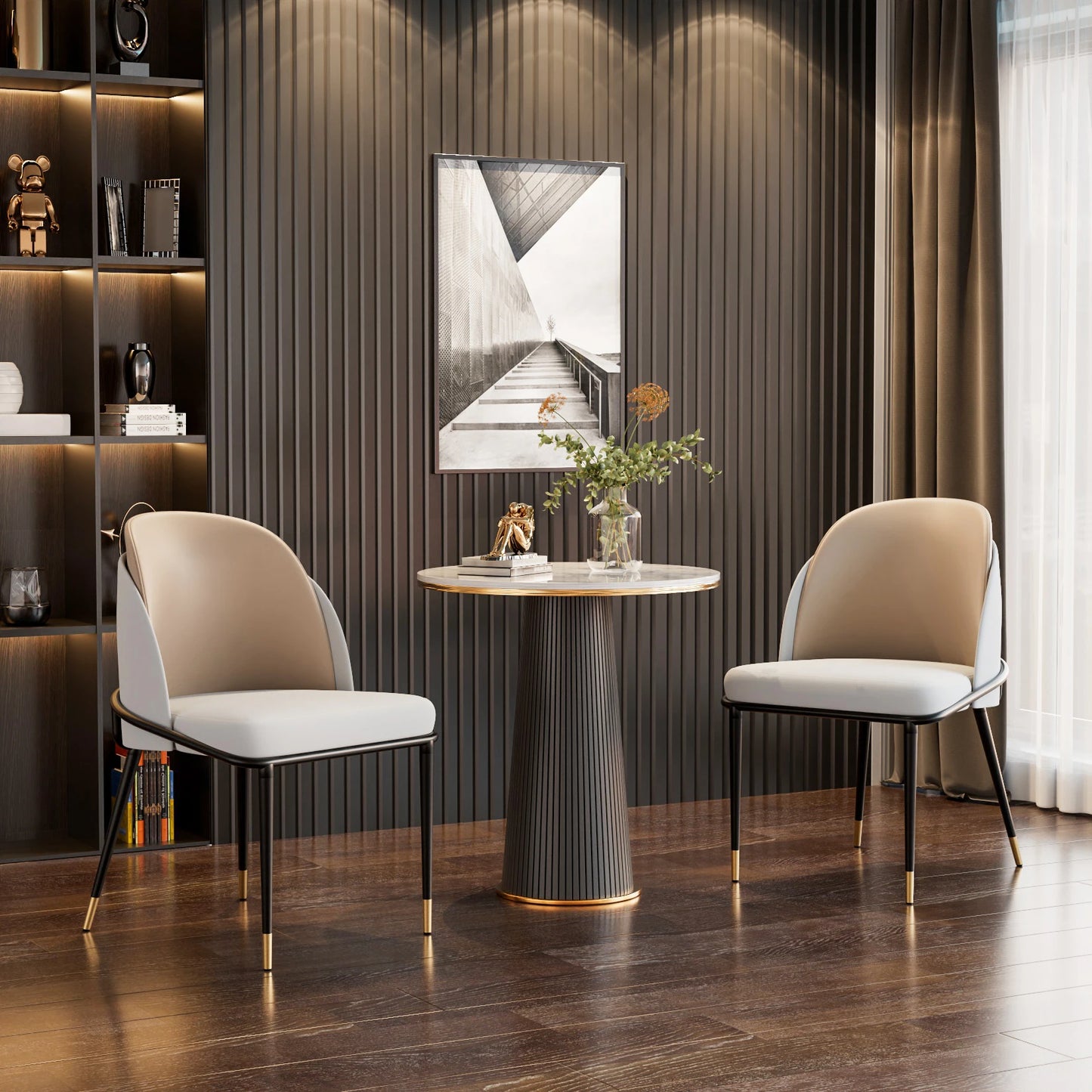 Set Of 2 Faux Leather Dining Chairs Upholstered Padded Modern Wooden Back