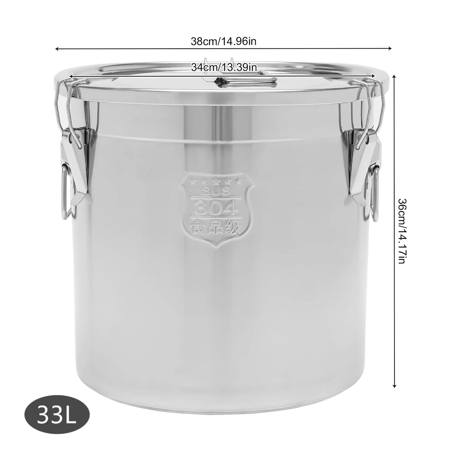 21L 33L Airtight Rice Bucket Canister Food Storage Container 304 Stainless Steel
