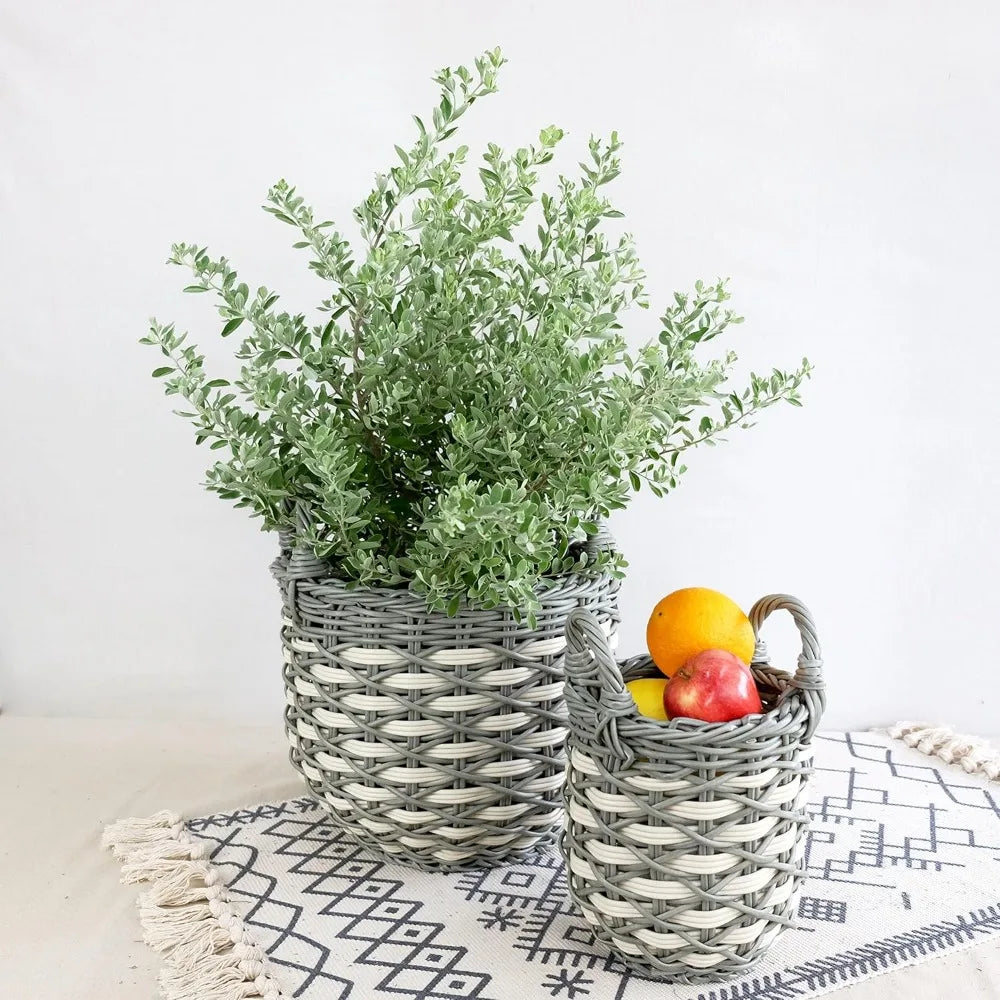3 Pack Hand Woven Wicker Baskets With Handles Gray Beige