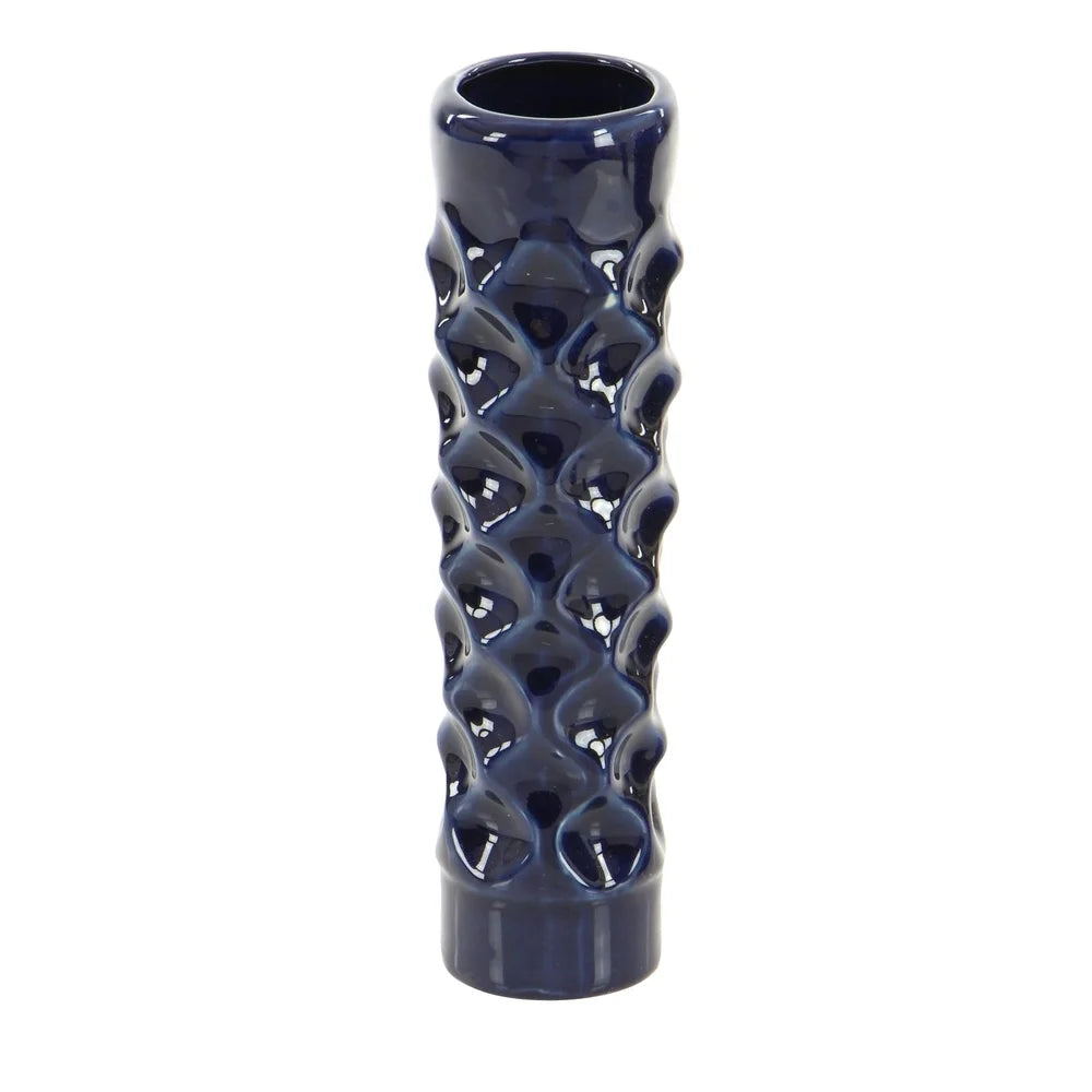 Set of 3 Dark Blue Ceramic Vases Tall Round Cylinder Design Geometric Pattern Stoneware Home Decor Accent Pieces