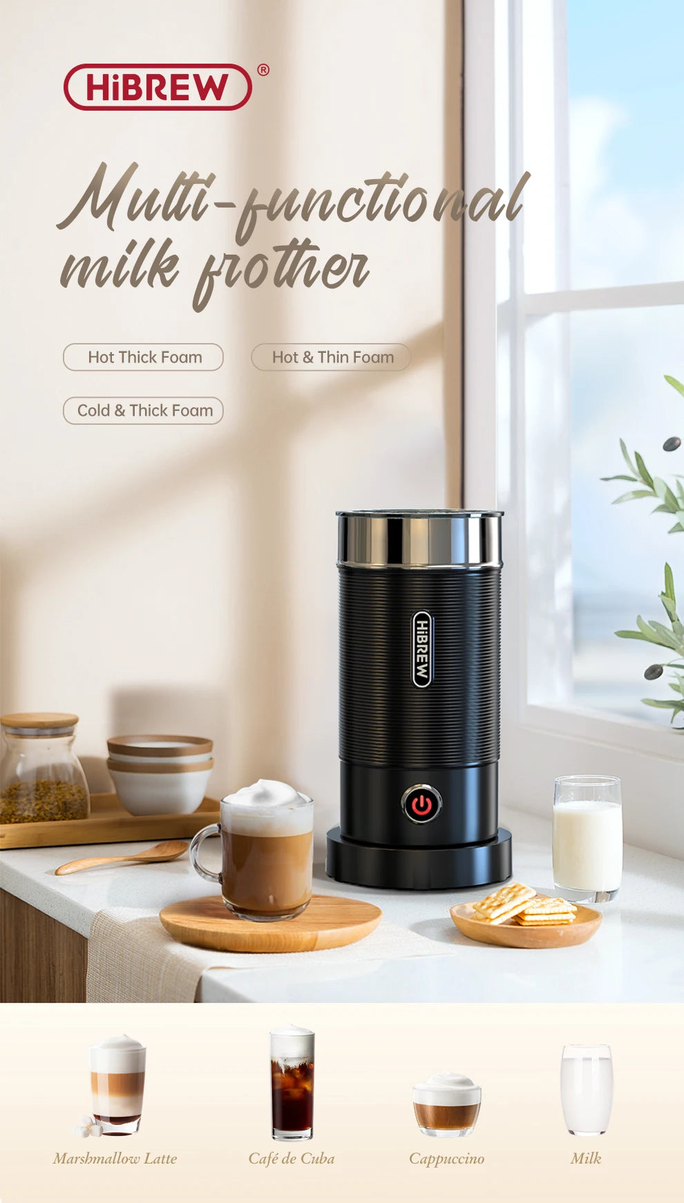 HiBREW Electric Milk Frother Foaming Mixer for Hot and Cold Latte Cappuccino Fully Automatic Milk Warmer Model M1A