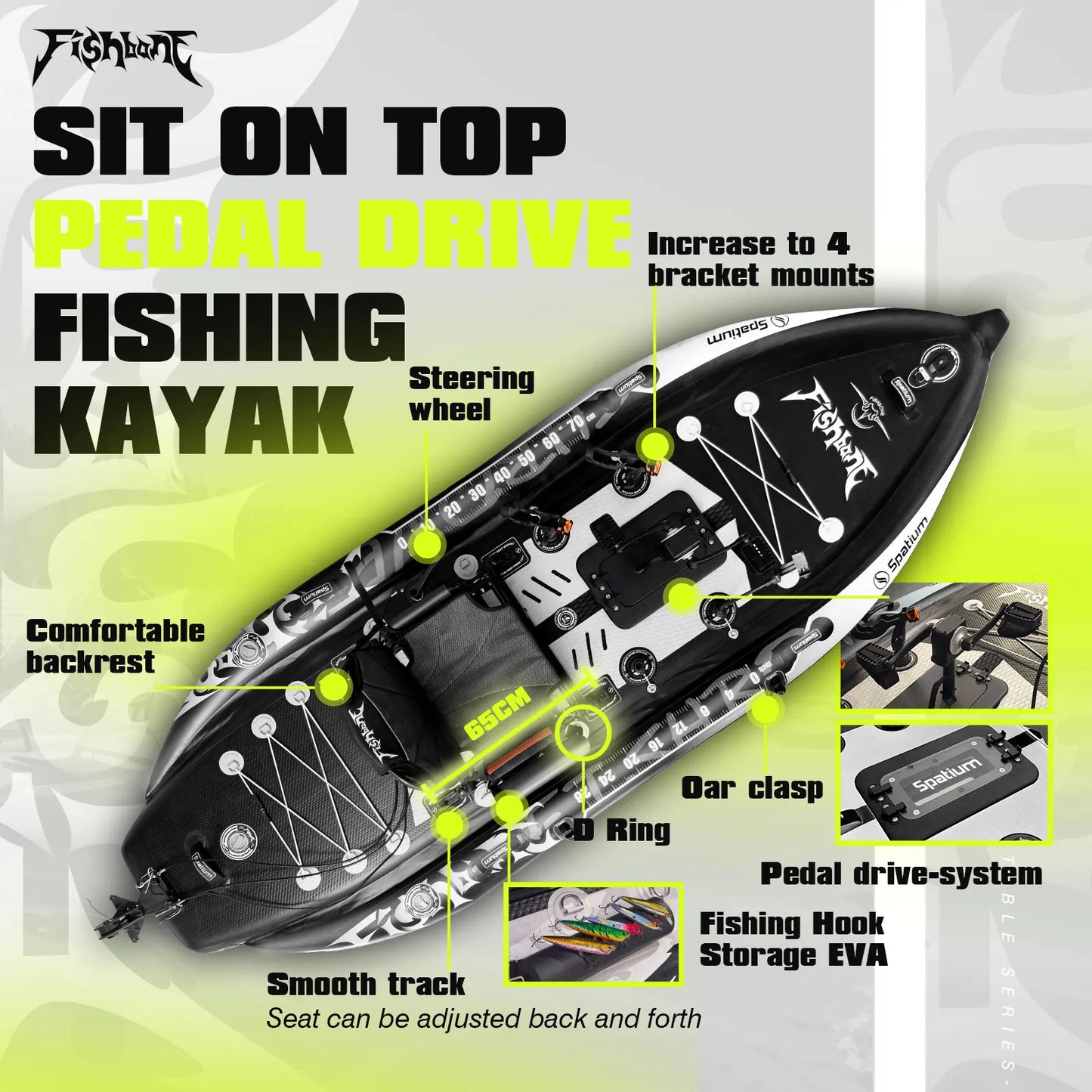 Spatium Fishing Kayak With Pedal Drive Sit On Top 11ft 660lb Capacity