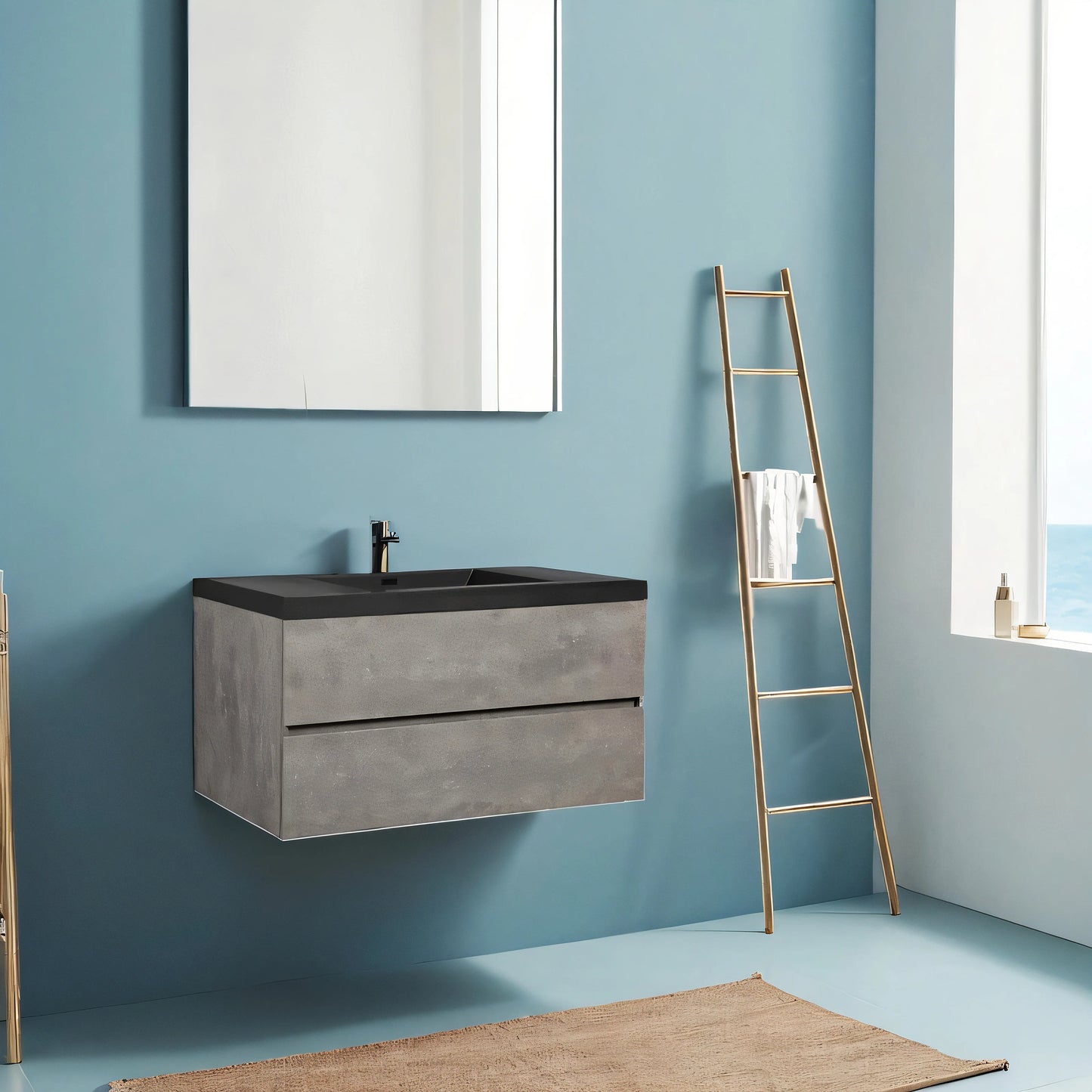 48 Inch Floating Bathroom Vanity With Sink Black Quartz Top