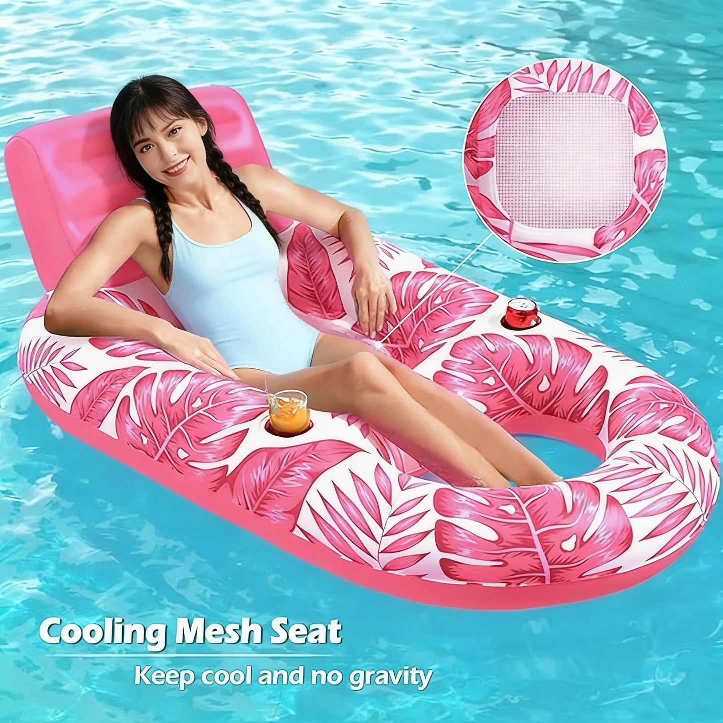 Inflatable Pool Lounger Float Chair With Cup Holders For Adults Beach Lake
