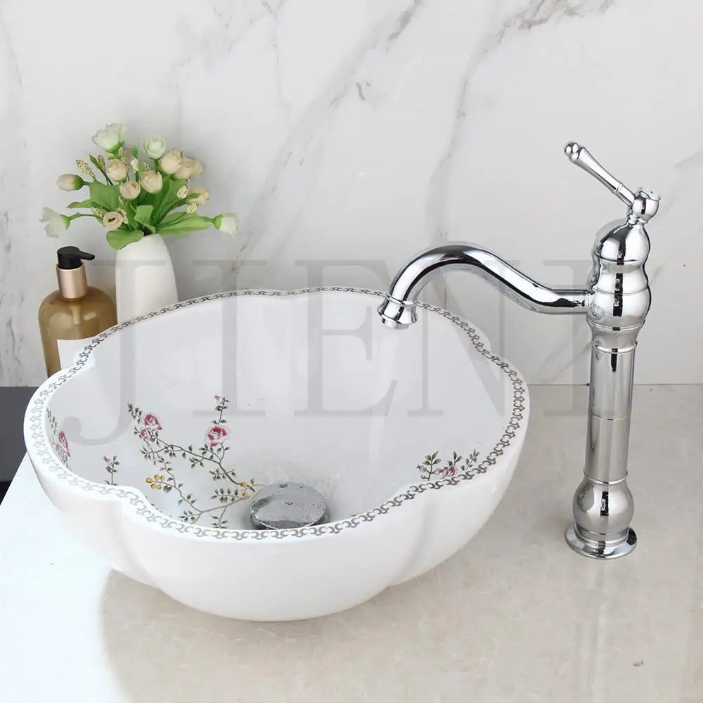 Jieni Art Ceramic Basin Set Blossoms Spring Brass Tap