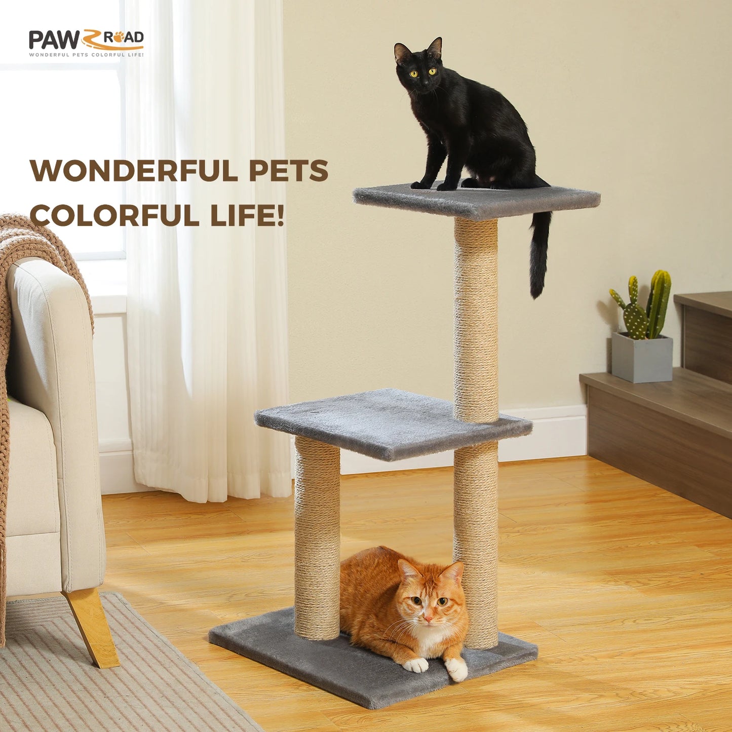PAWZ Road Cat Tree Indoor 3 Tier Activity Tower With Scratching Posts Grey