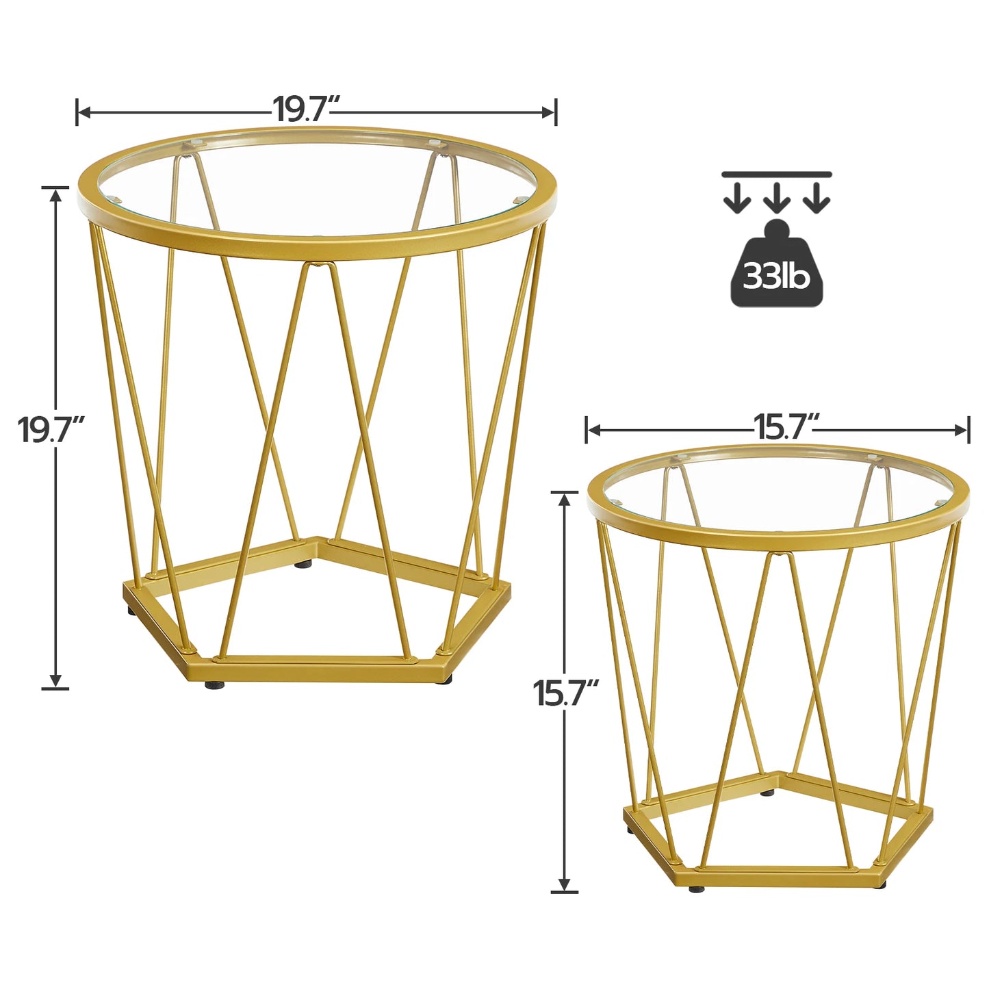 HOOBRO Modern Gold Round Glass Coffee End Tables Set of 2