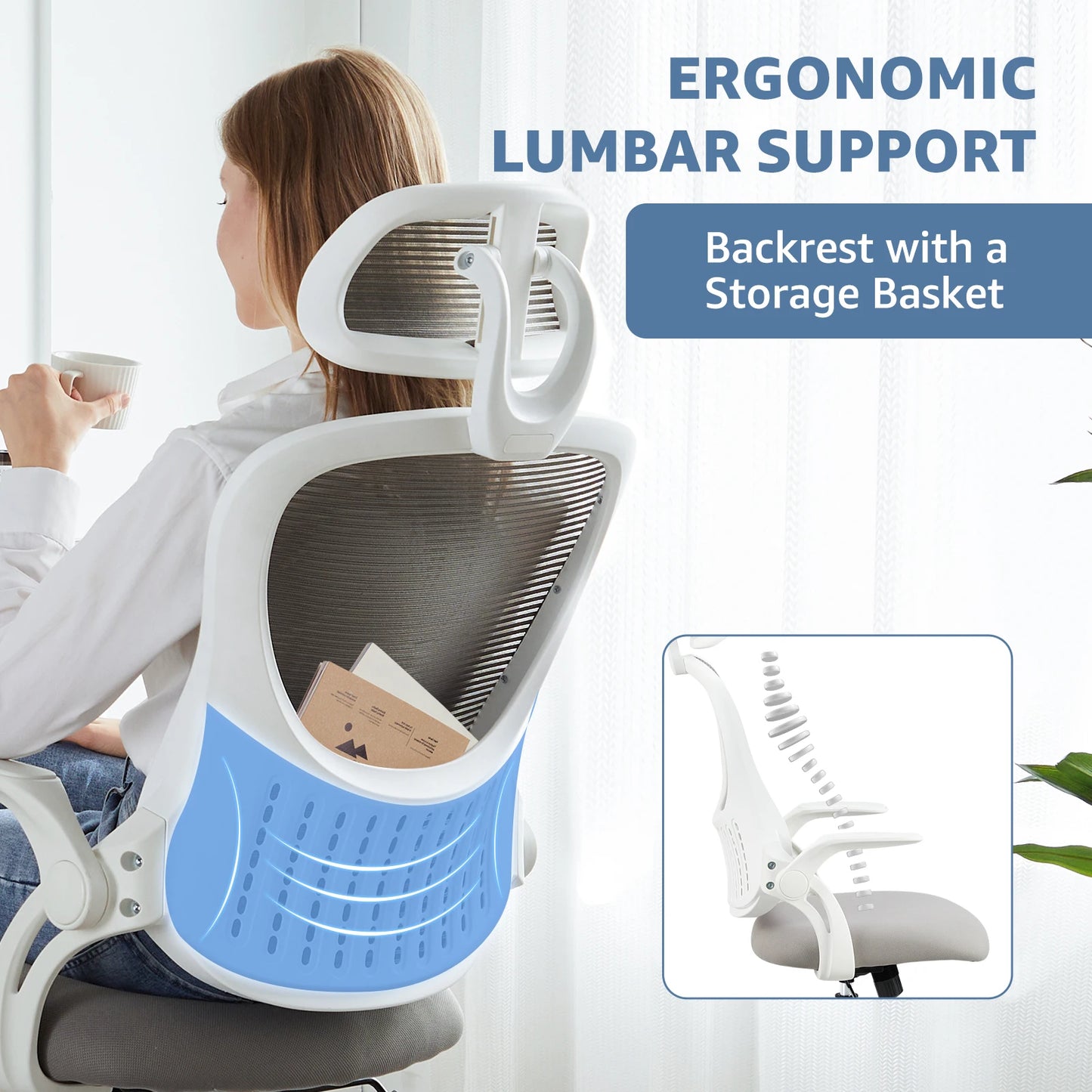 JHK Mesh Ergonomic Office Chair With Flip Up Arms And Adjustable Headrests