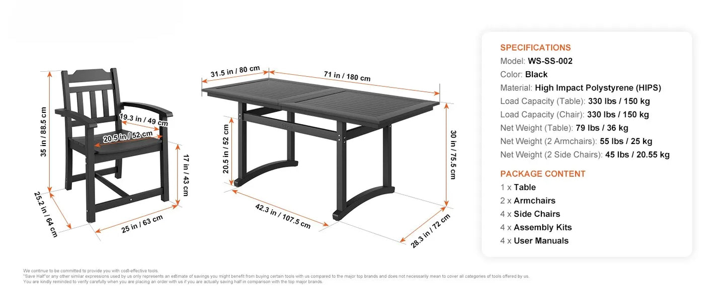 SucceBuy 7 Piece Patio Dining Set Outdoor Rectangle Table And Chairs All Weather