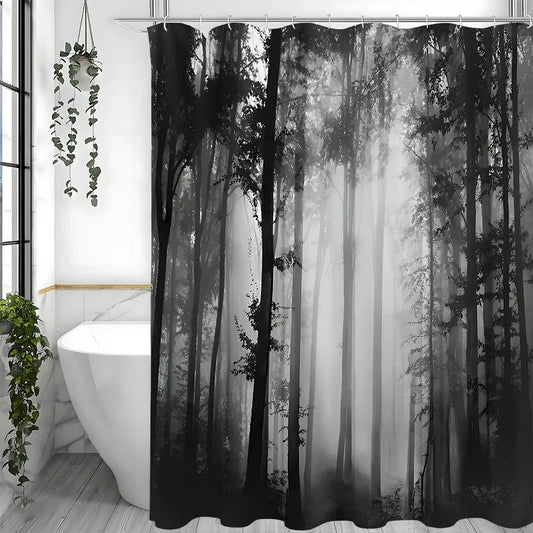 Black Tree Shower Curtain Misty Forest Waterproof Hooks