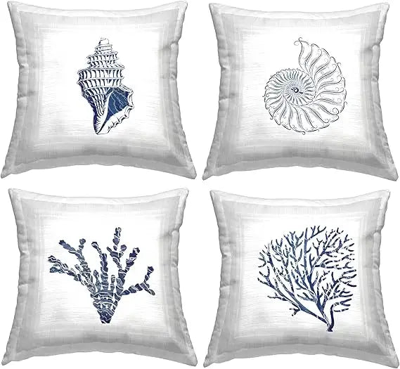 Aquatic Sea Life Shells Design Throw Pillow Set of 4 18 x 18 Blue