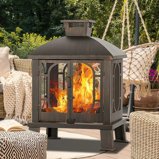45 Inch High Metal Chiminea Fire Pit With Grill Garden