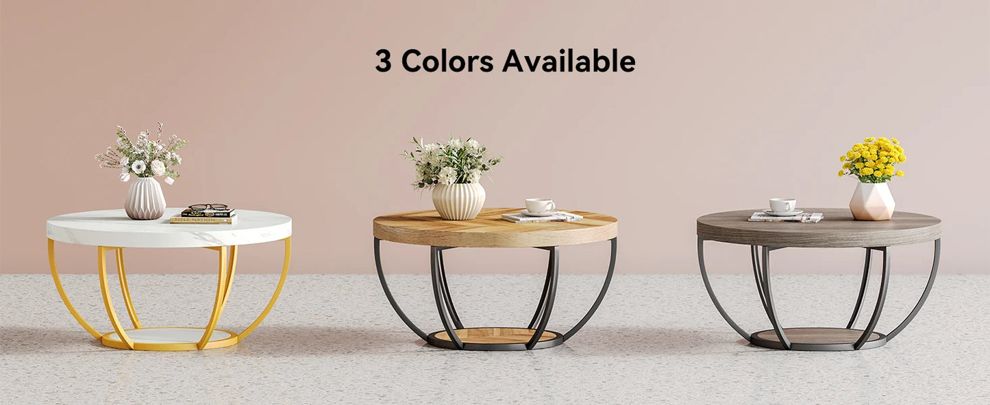 32 Inch Circle Marble Coffee Table With 2 Tier Gold Metal Legs Open Storage