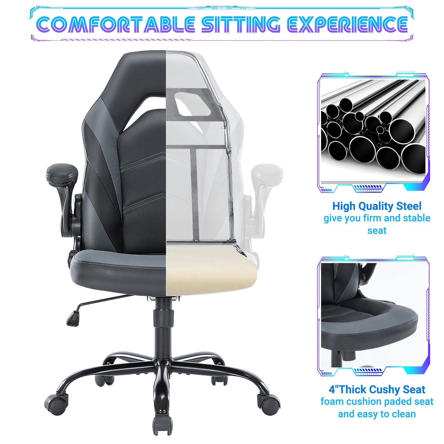 Ergonomic PU Leather Gaming Chair With Adjustable Flip Up Armrests For Office