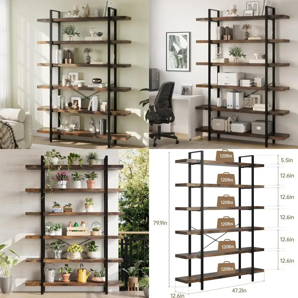 Industrial Rustic Six Tier Bookshelf 47 Inch Wide 120 Lb Capacity Home Office