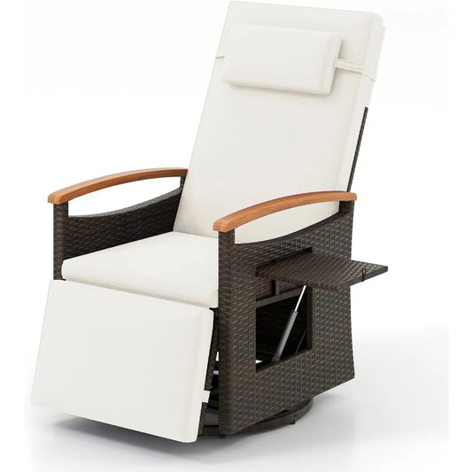 Swivel Recliner Chair Wicker Rattan Armrests Adjustable Back Flip Side Table