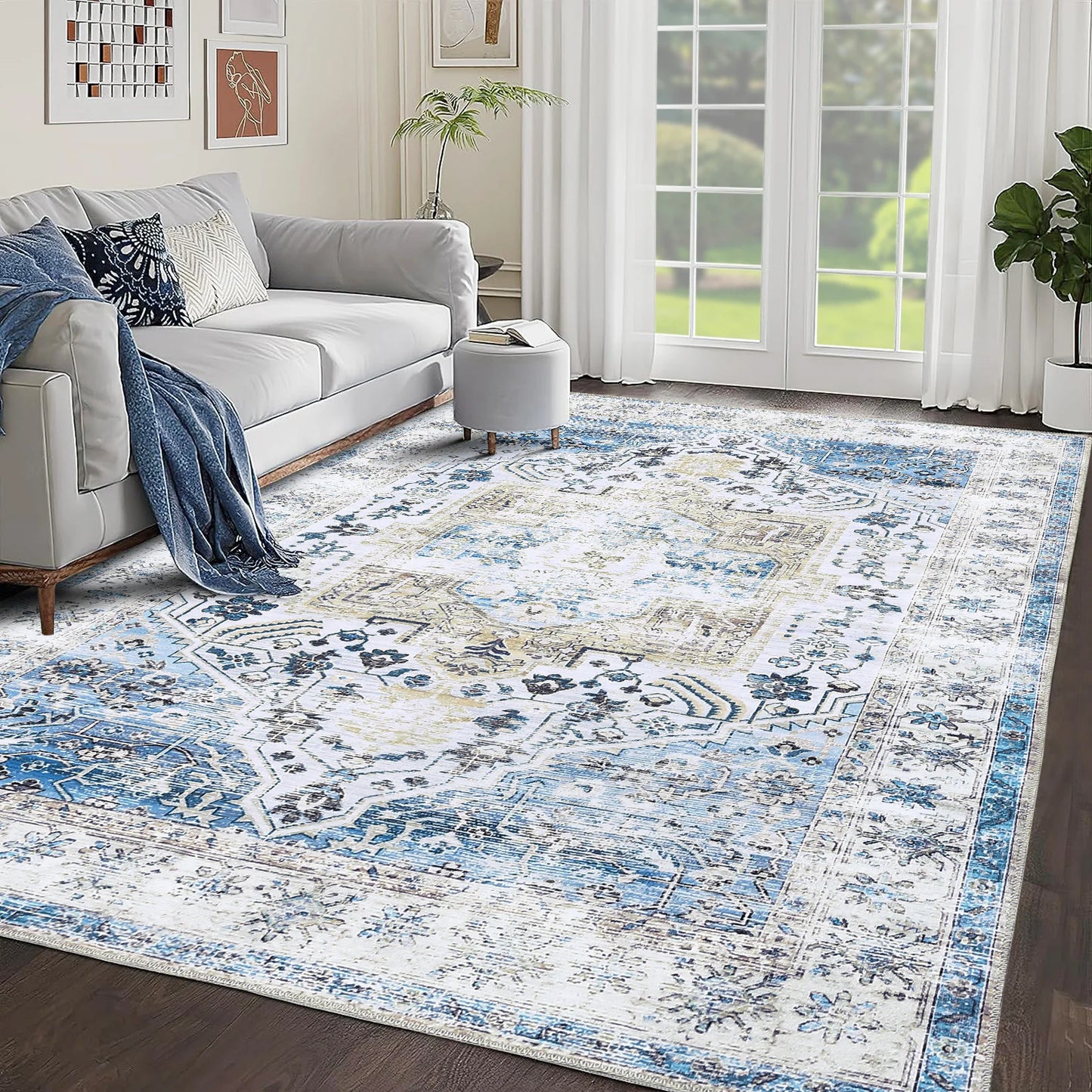 Large Area Rug 10x13 Vintage Carpet Washable Indoor Carpet Easy Cleaning Stain Resistant Non-Slip Living Room Rug