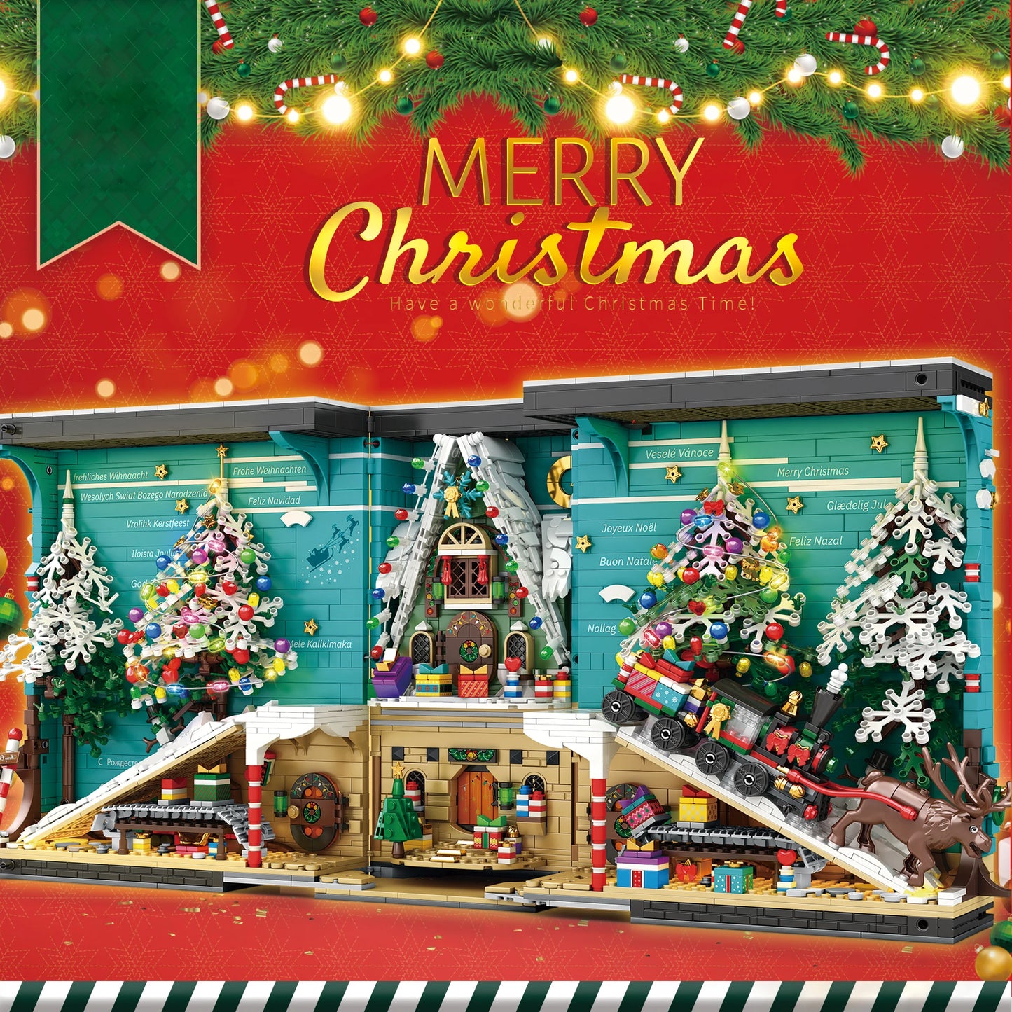 Christmas Book Nook Blocks Set 3260 Pieces DIY Christmas Tree Elk With LED Light