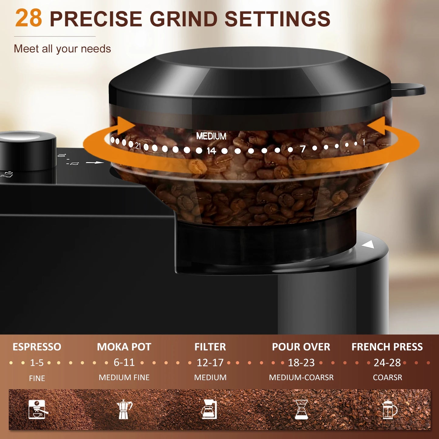 Electric Burr Mill Coffee Grinder Automatic Coffee Bean Grinding with 28 Grind Settings for Espresso French Press Drip 2 to 12 Cup