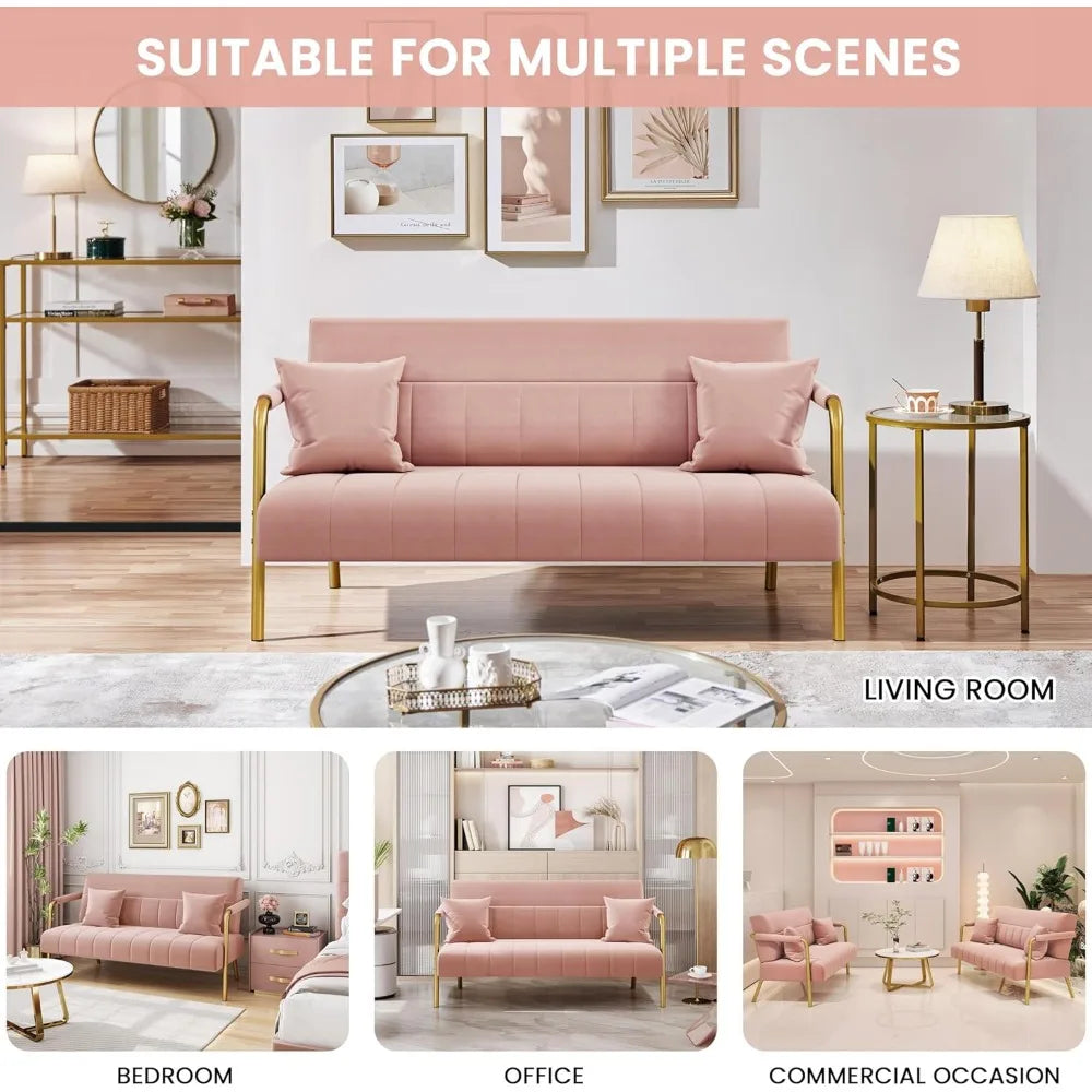 Luxurious Velvet Sofa 56.5 Inches With Gold Tone Metal Arms For Living Room