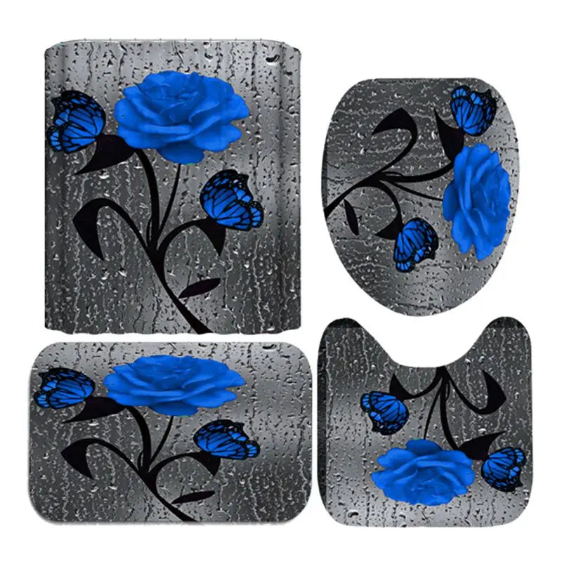 Four Piece Floral Polyester Bathroom Accessory Set Non Slip