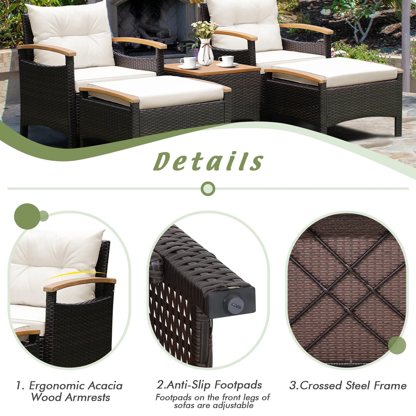 5 Piece Patio Rattan Furniture Set Sofa Ottoman Cushioned Table With Wood Top