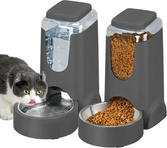 2 Pack Automatic Pet Feeder and Water Dispenser Set Gray 1 Gallon Each