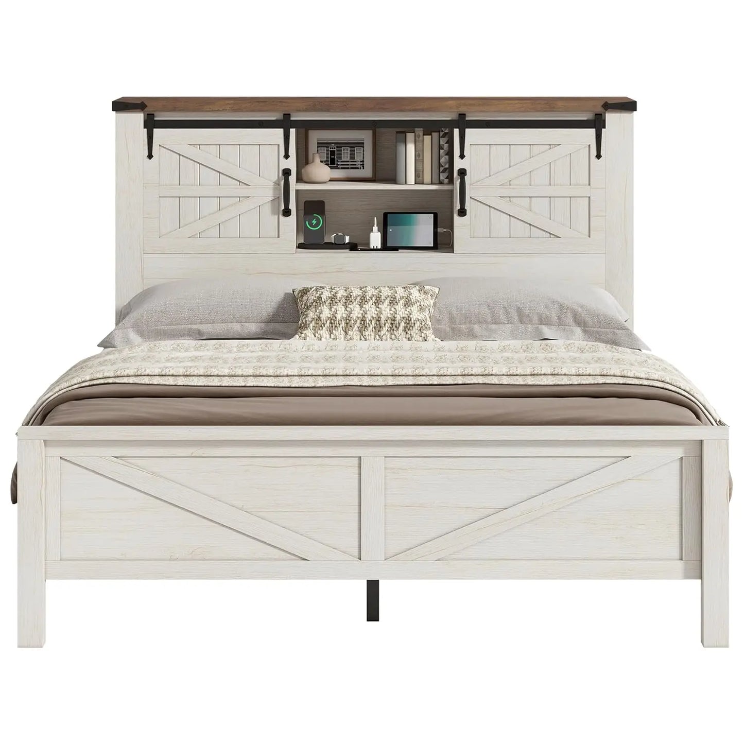 Farmhouse Queen Bed Frame With Storage USB Headboard No Box Spring White Finish