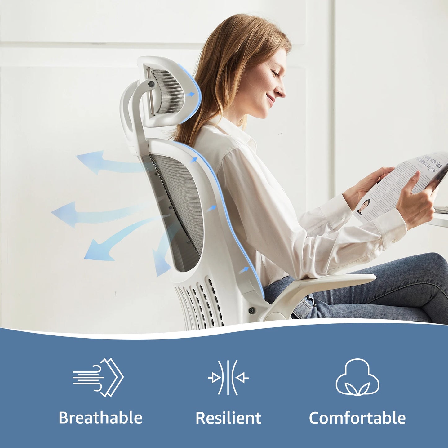 JHK Mesh Ergonomic Office Chair With Flip Up Arms And Adjustable Headrests