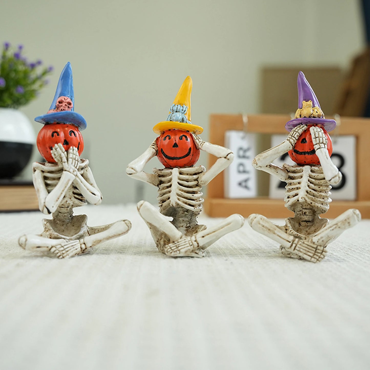 Haunted Skeleton Trio With Skulls And Black Cat Figurines
