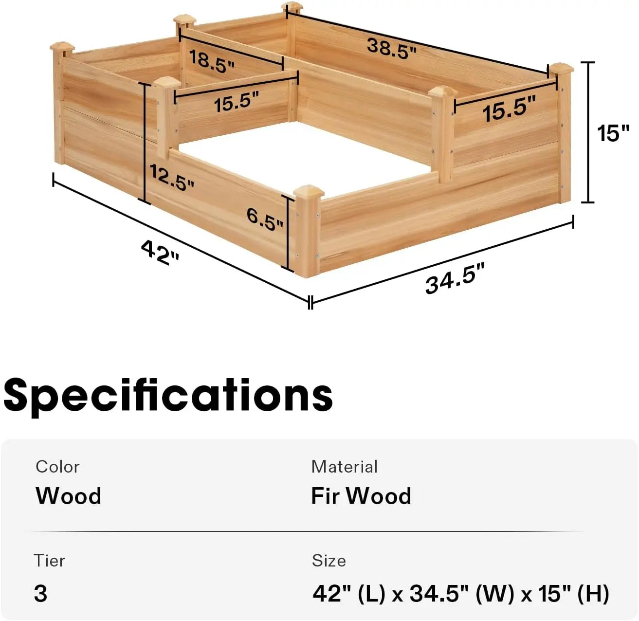 3 Tier Wooden Raised Garden Bed 42.5x34.5x15 Inches for Outdoor Planting