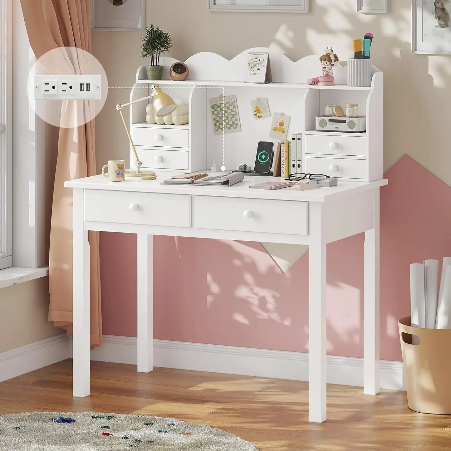 Writing Desk With 7 Drawers Home Office Hutch Pine Legs