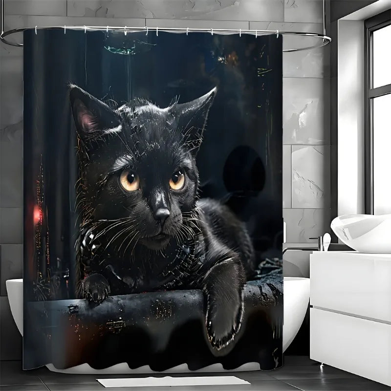 Cute Cat Shower Curtain Waterproof With 12 Hooks Bath Decor